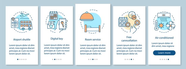 Schermata della pagina dell'app mobile onboarding dei servizi dell'hotel con concetti lineari. Prenotazione appartamento. Navetta aeroportuale, istruzioni grafiche guida passo passo con chiave digitale. Modello vettoriale UX, UI, GUI con illustrazioni