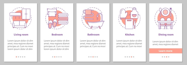 Schermata della pagina dell'app mobile onboarding dell'interior design con concetti lineari. Istruzioni grafiche per i passaggi delle stanze dell'appartamento o della casa. Mobili ed elettrodomestici. Modello vettoriale UX, UI, GUI con illustrazioni