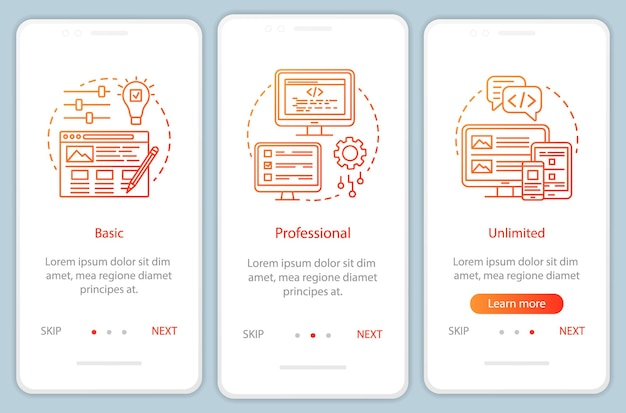 Schermata della pagina dell'app mobile per l'onboarding dei prezzi del costruttore di siti Web con concetti lineari