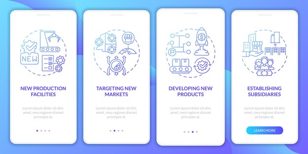 Schermata della pagina dell'app mobile per l'onboarding del gradiente blu interno della crescita aziendale. Procedura dettagliata 4 passaggi istruzioni grafiche con concetti. Modello vettoriale UI, UX, GUI con illustrazioni a colori lineari