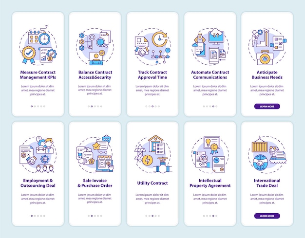 Schermata della pagina dell'app mobile per l'onboarding della gestione dei contratti con i concetti impostati