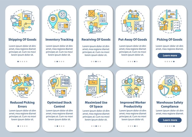 Schermata della pagina dell'app mobile per l'onboarding della gestione del magazzino con illustrazioni di set di concetti
