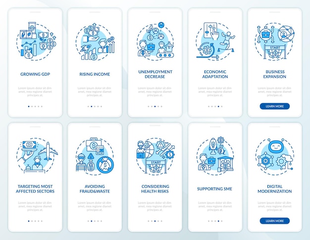 Schermata della pagina dell'app mobile per l'onboarding della ripresa economica con i concetti impostati