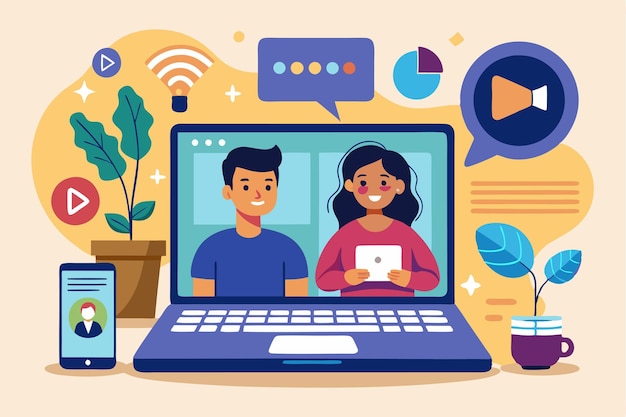 Schermata portatile che visualizza interviste video online Streaming di contenuti su piattaforma digitale Flat Vector