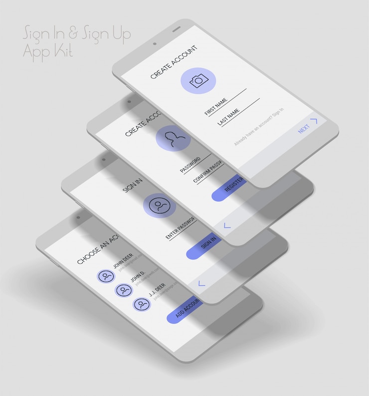 Vettore schermate di accesso e registrazione dell'interfaccia utente dell'app mobile kit 3d