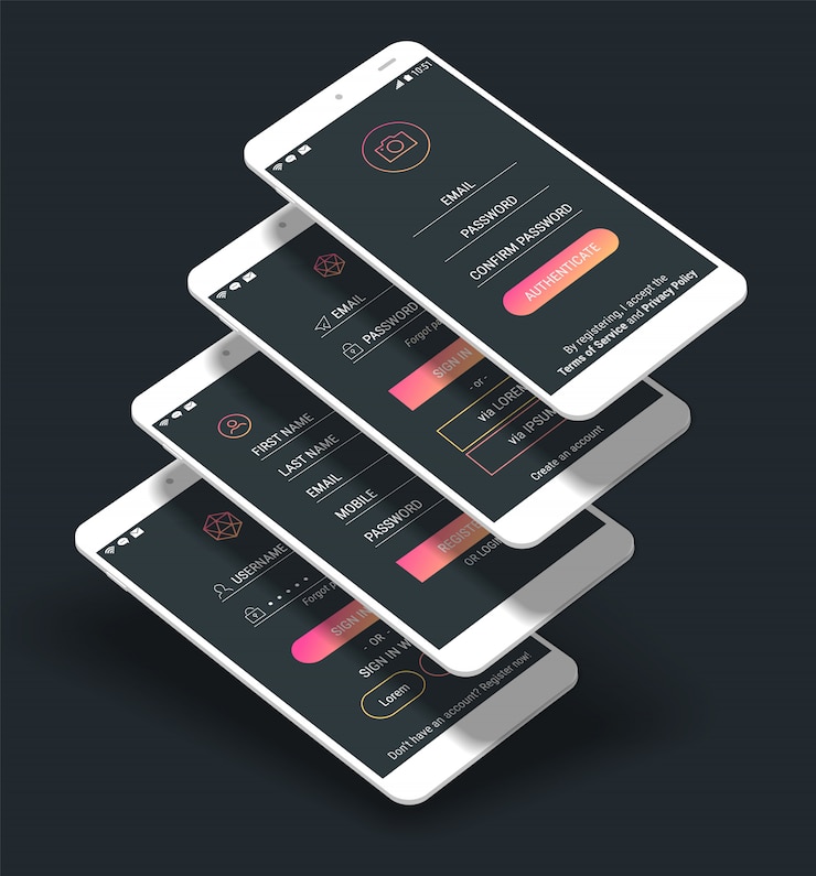 Vettore schermate di accesso e registrazione dell'interfaccia utente dell'app per dispositivi mobili kit di prototipi 3d