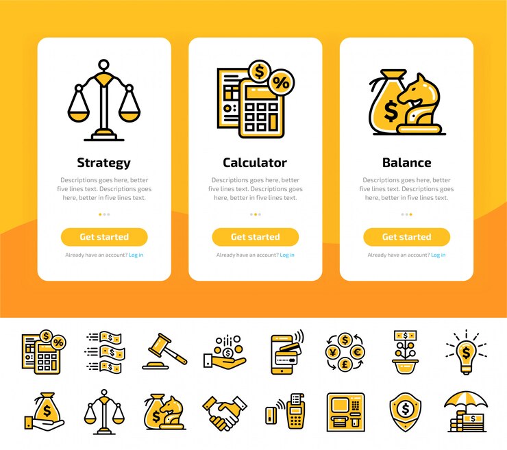 Schermate di app onboarding della finanza, set di icone bancarie