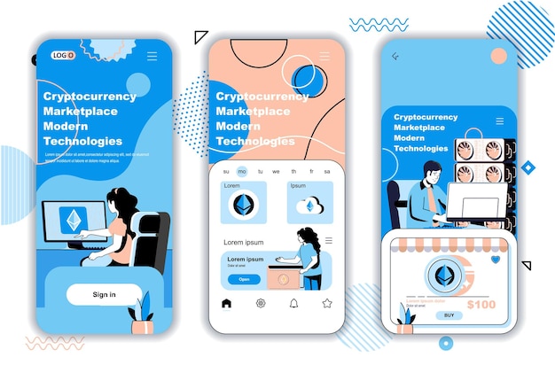 Schermate di onboarding del concetto di mercato delle criptovalute per modelli di app mobili blockchain bitcoin