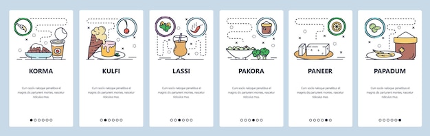 Schermate di onboarding di app mobili Cibo indiano lassi korma pakora paneer Menu modello di banner vettoriale per sito web e sviluppo mobile Progettazione del sito web illustrazione piatta