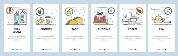 Schermate di onboarding di app mobili Colazione colazione frullato di latte budino caffè e teia calda Menu modello di banner vettoriale per sito web e sviluppo mobile Progettazione del sito web illustrazione piatta