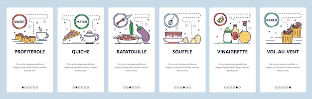Schermate di onboarding di app mobili Cucina francese e cibo profiterole ratatouille souffle Menu modello di banner vettoriale per sito web e sviluppo mobile Progettazione del sito web illustrazione piatta