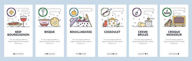 Schermate di onboarding di app mobili Cucina francese manzo bourguignon creme brulee bisque Menu modello di banner vettoriale per sito web e sviluppo mobile Progettazione del sito web illustrazione piatta