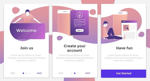 Schermi di onboarding Kit interfaccia utente Interfaccia utente moderna Modello di schermata UI UX