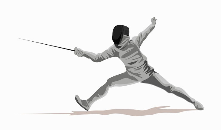 Vettore schermitore. uomo che indossa tuta da scherma pratica con la spada. arena sportiva e lens flare. sport infografica lancio del peso eventi di atletica. sfondo bianco. disegnato in uno stile piatto.
