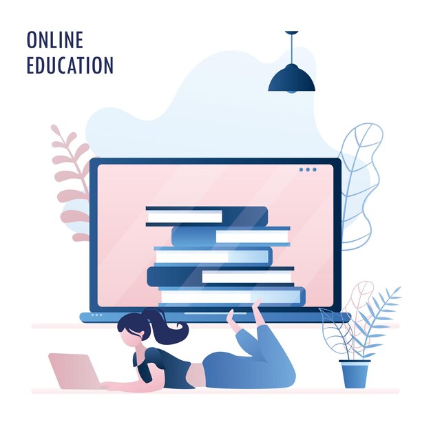 Schermo del computer con libri e coppa del vincitore carino femmina con laptop formazione online o vettore di corsi