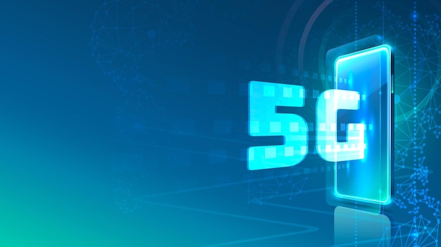 Schermo telefono icona al neon rete 5G moderna. sfondo blu.