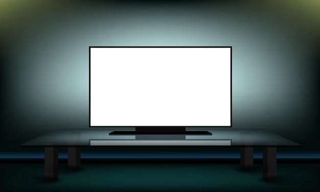 schermo televisivo bianco al buio in una stanza su un tavolo di vetro