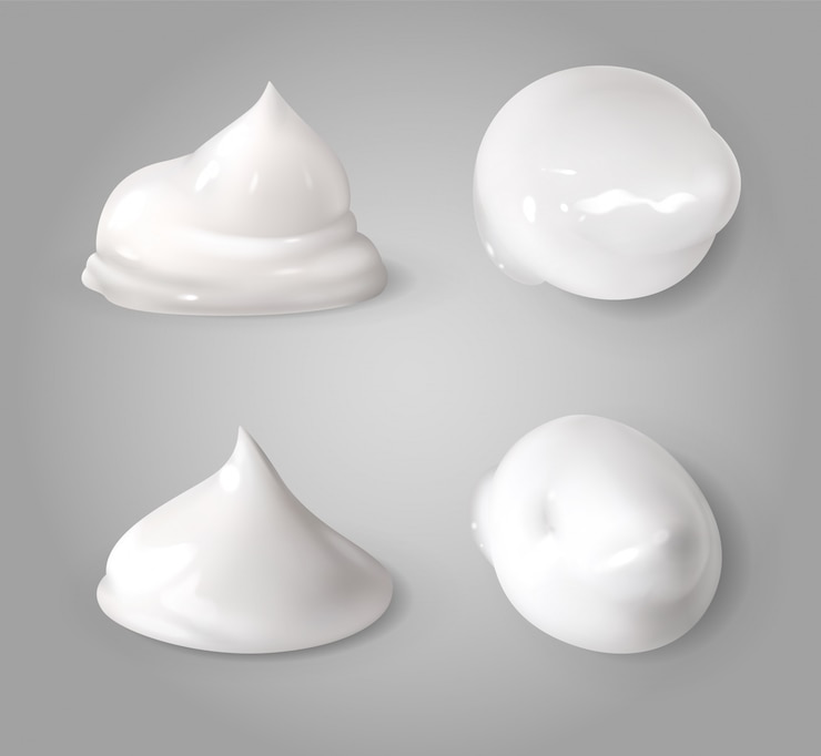 Vettore schiuma di crema realistica. mousse bianca o gel di latte schiumogeno lascia unguento leggero forme di consistenza del prodotto di bellezza