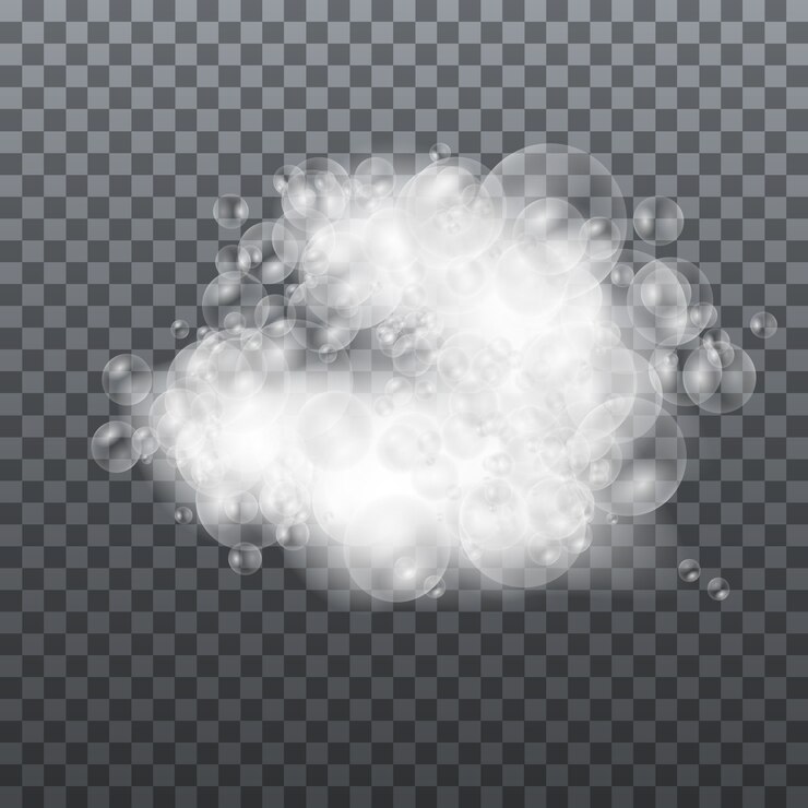 Vettore schiuma di sapone isolata su sfondo trasparente. set di schiuma da bagno con bolle di shampoo. le bolle di sapone, gel o shampoo si sovrappongono alla schiuma. illustrazione,