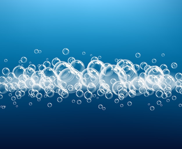 Schiuma realistica. Palline trasparenti insaponate sul vettore scuro dell'ossigeno della polvere di colpo del gel di macro. Schiuma di colpo macro, illustrazione della bolla del detersivo dell'acqua