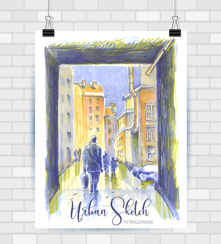 Vettore schizzi di illustrazione in formato vettoriale. poster con bellissimi paesaggi ed elementi urbani.