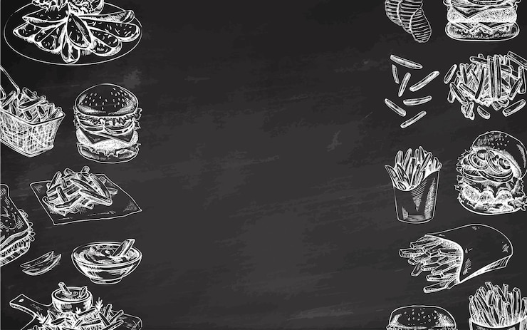 Vettore schizzi monocromatici disegnati a mano di cibo di strada, cibo da asporto, fast food, cibo spazzatura sulla lavagna