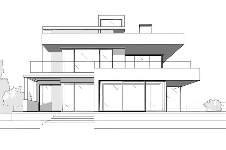 Vettore schizzo 3d di una casa accogliente moderna sul fiume con garage in vendita o in affitto