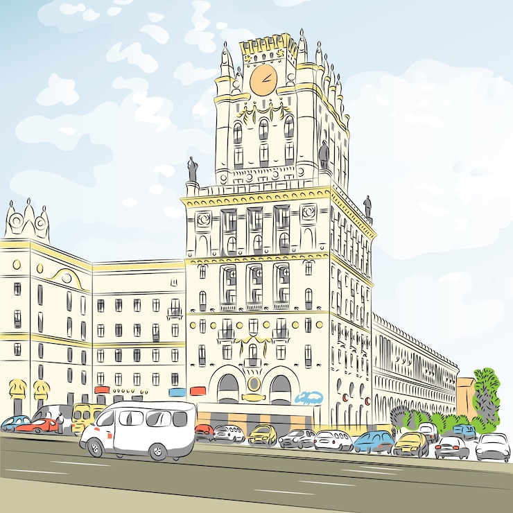 Vettore schizzo a colori di un centro città, piazza della stazione, minsk, bielorussia