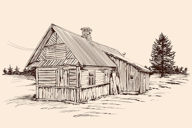 Schizzo a mano su uno sfondo beige. Vecchia casa in legno rustica in stile russo e albero di abete rosso vicino all'edificio.