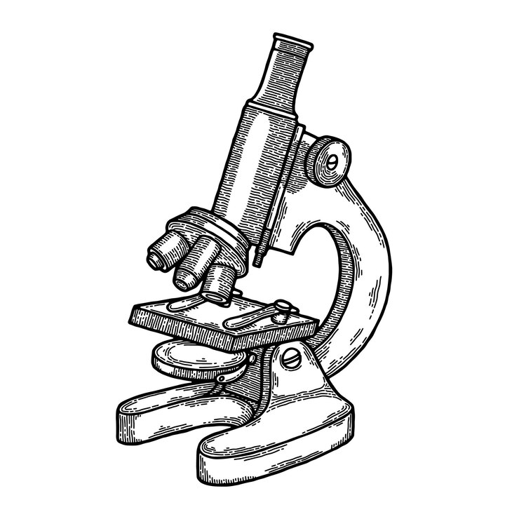 Vettore schizzo del microscopio elemento vintage retrò di ricerca scientifica di laboratorio inciso per farmacia o dna medico