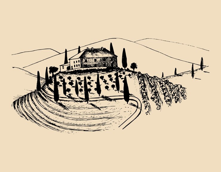 Schizzo della casa dei contadini della villa nei campi e sulle colline Illustrazione del paesaggio rurale di vettore con la fattoria Fattoria mediterranea disegnata a mano per la carta del manifesto ecc