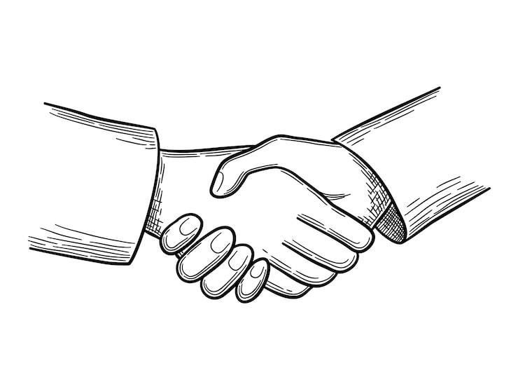 Vettore schizzo della stretta di mano. il concetto di affari persone strette di mano vettore scarabocchi. illustrazione stretta di mano cooperazione commerciale, disegno schizzo a mano