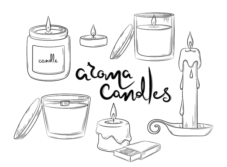 Vettore schizzo di candele in diversi formati in stile doodle. accessori per l'interno di una casa accogliente