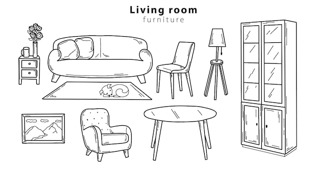 Schizzo di doodle di mobili da soggiorno disegnati a mano in diverse dimensioni e tipi moderni e vintage