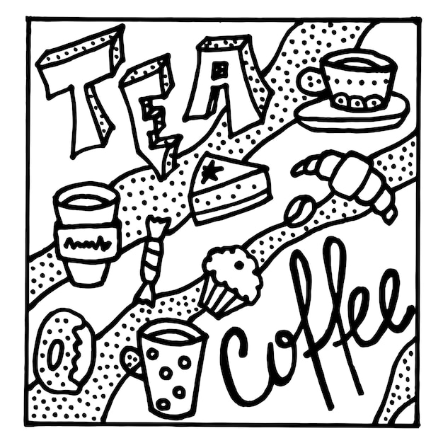 Schizzo di doodle di tè e caffè Dolce tè e caffè torta e caramelle