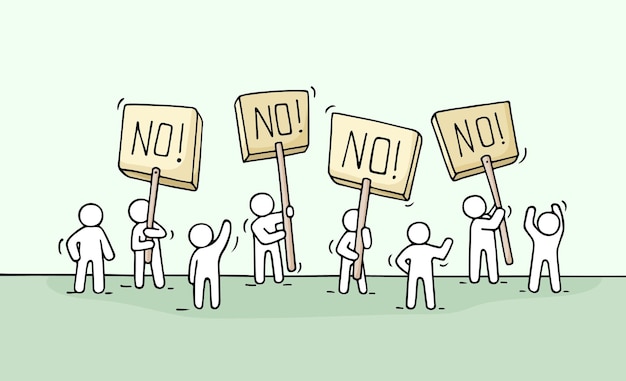Schizzo di gente piccola folla. Doodle carino scena in miniatura di lavoratori con trasparenti di protesta