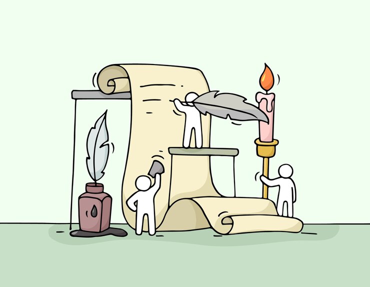 Vettore schizzo di piccole persone che lavorano con documento. doodle carino miniatura del lavoro di squadra.