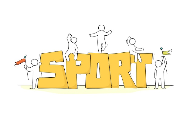 Schizzo di piccole persone che lavorano con la parola Sport.