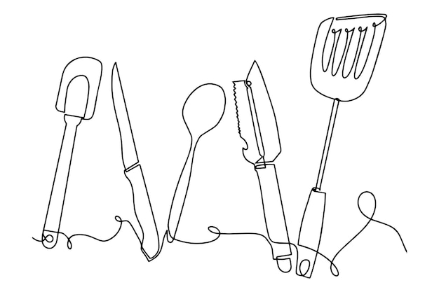 Schizzo di sfondo posate Disegno a linea singola di utensili da cucina isolati illustrazione