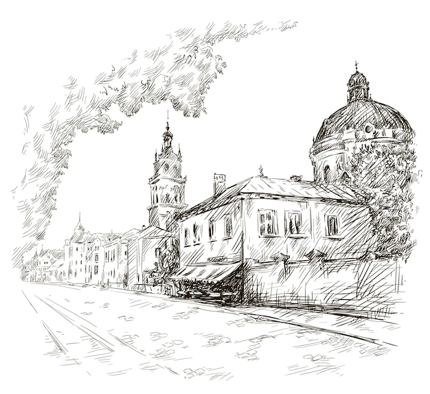 Schizzo di una strada. Vecchia città. Centro città. Illustrazione vettoriale.