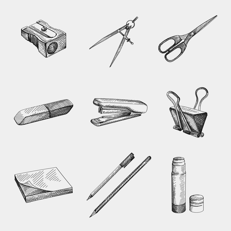 Vettore schizzo disegnato a mano di articoli di cancelleria per scuola e ufficio set. temperamatite, bussola (per disegnare), forbici, gomma, gomma, pinzatrice, nota adesiva, penna, matita, colla, stick legante.