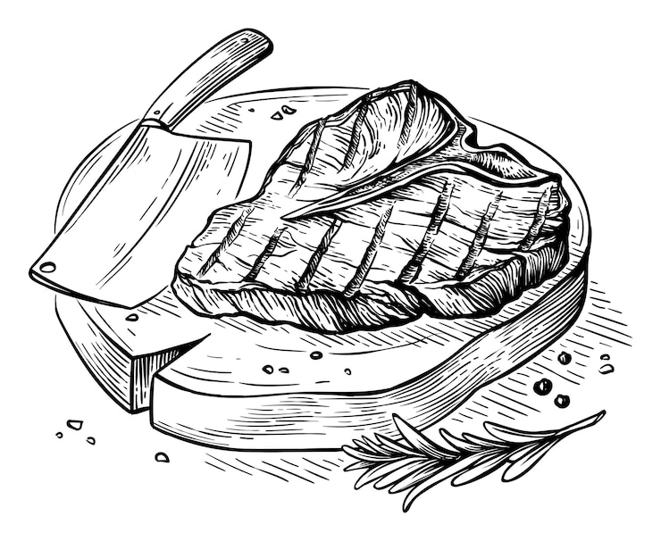 Vettore schizzo disegnato a mano di bistecca alla griglia con osso a t su tavola di legno con illustrazione vettoriale di ascia