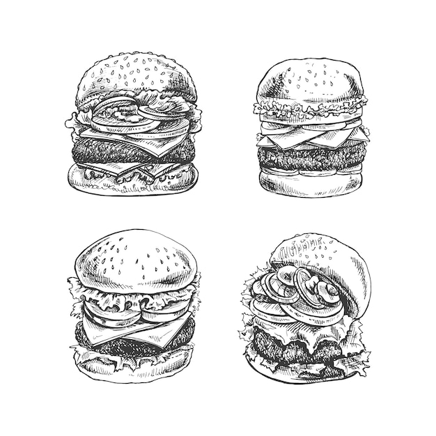 Schizzo disegnato a mano di diversi hamburger con illustrazioni vettoriali retrò come fast food