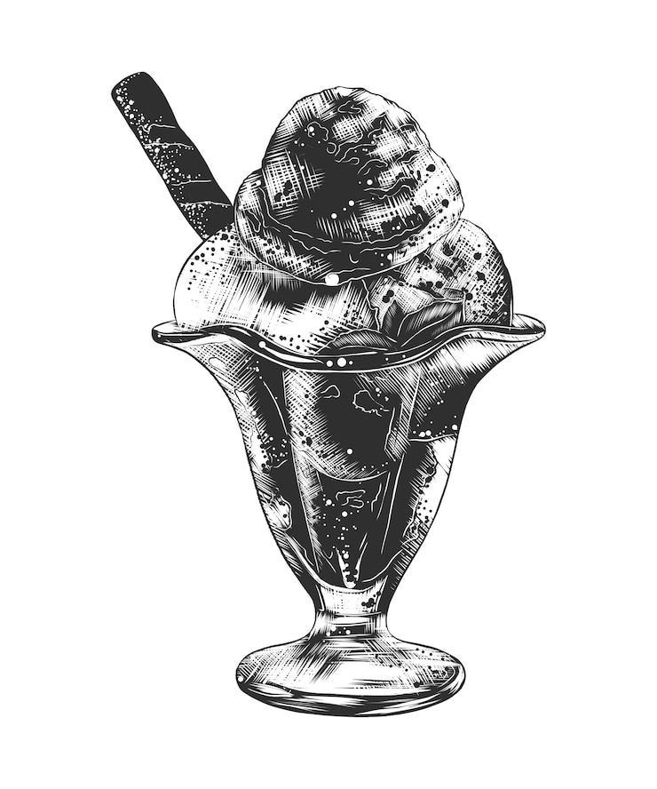 Vettore schizzo disegnato a mano di gelato in una ciotola di gelato