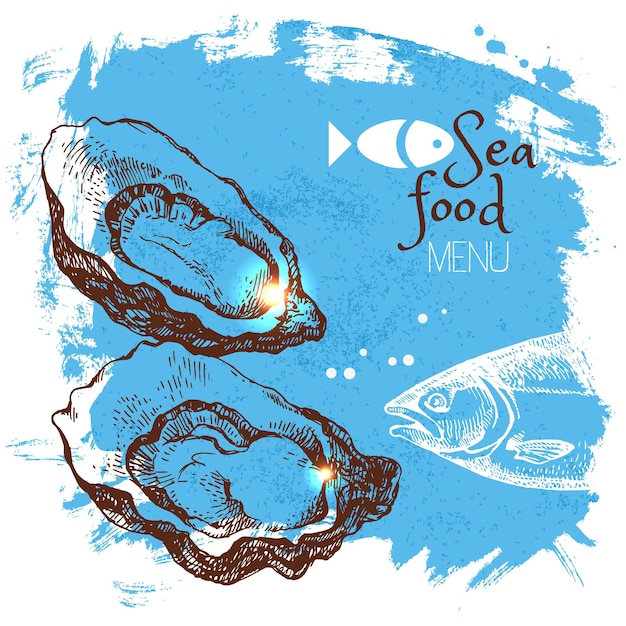 Schizzo disegnato a mano illustrazione vettoriale di frutti di mare Sfondo del poster del mare Menu design