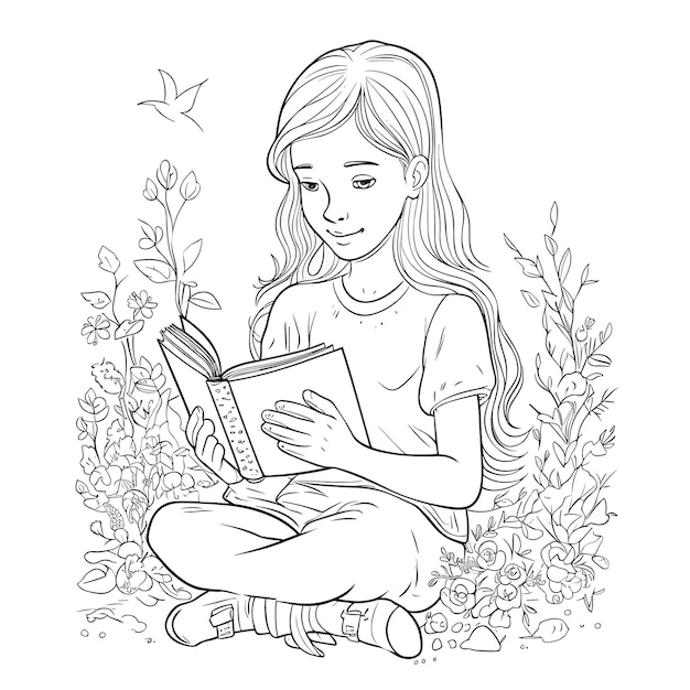 Schizzo Disegnato a mano linea singola arte colorazione pagina linea disegno donne leggono il giorno del libro