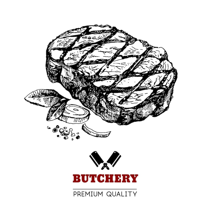 Vettore schizzo disegnato a mano prodotto a base di carne illustrazione vettoriale vintage menu design