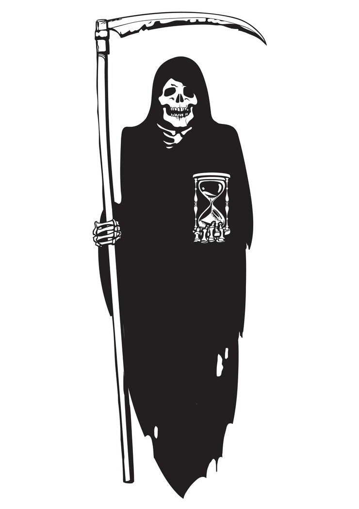Schizzo in bianco e nero della morte con falce e clessidra