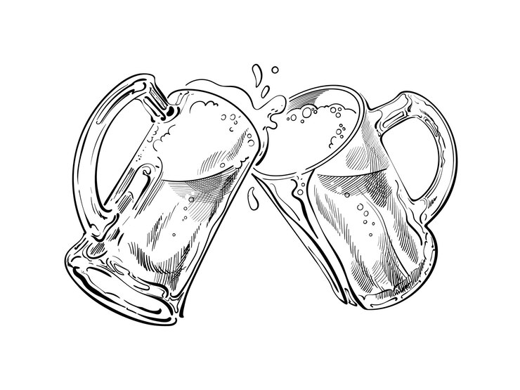 Schizzo in bianco e nero di due boccali di birra per tostatura
