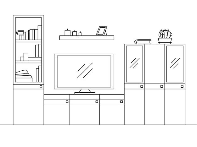 Schizzo lineare degli interni Comò Libreria con TV e mensole Schizzo lineare degli interni in stile moderno